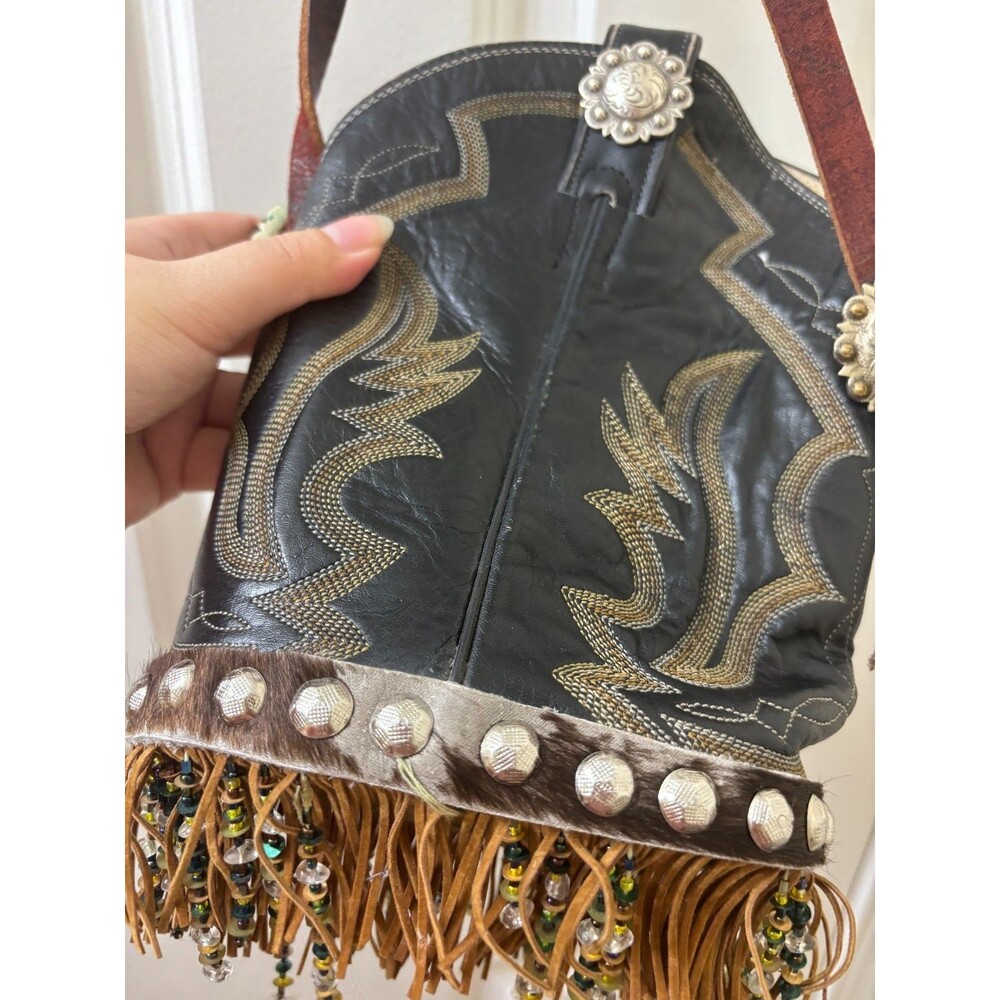 Boot Purse Brown Leather Western Cowboy Crossbody Bag Black Fringe Handmade - Picture 7 of 11